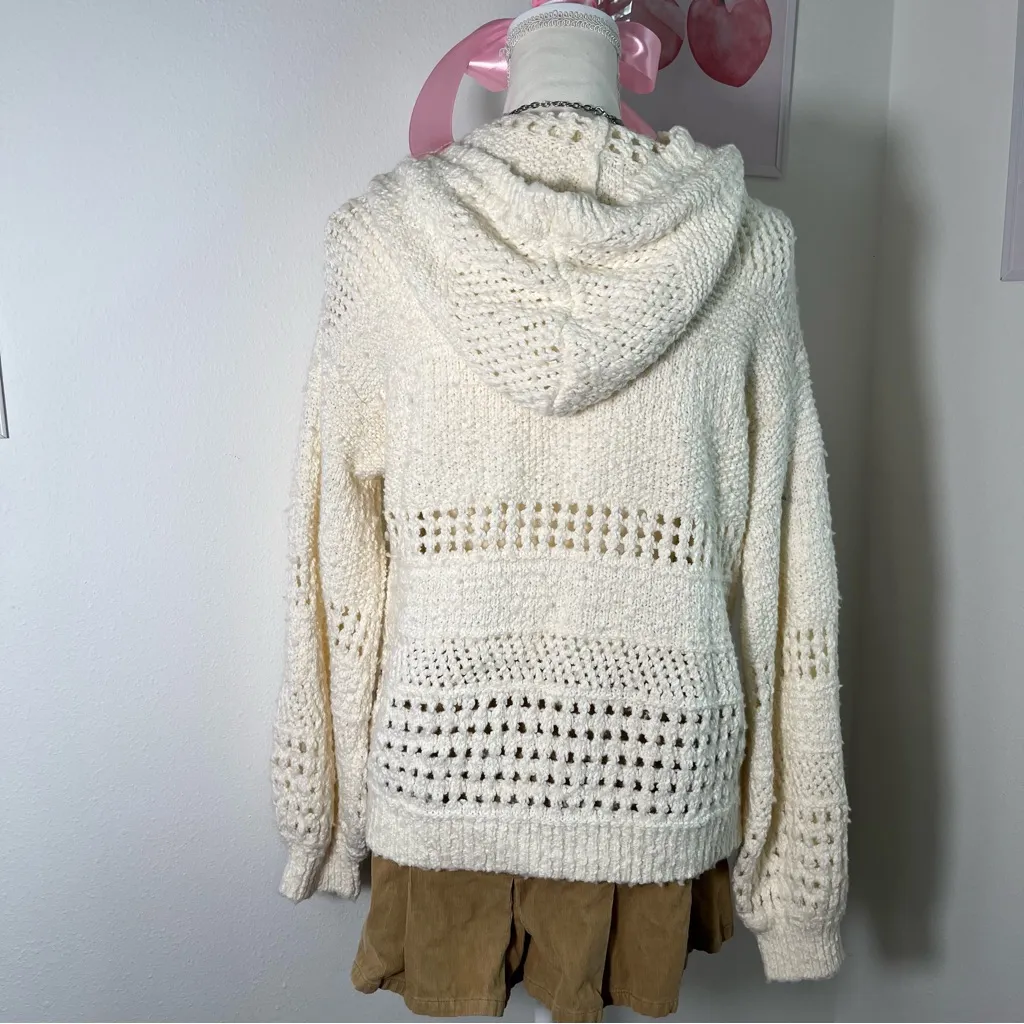 Anthropologie Pointelle Knit Crochet Open Knit Cream‎ Hoodie Pullover Sweater S Tan - Image 6