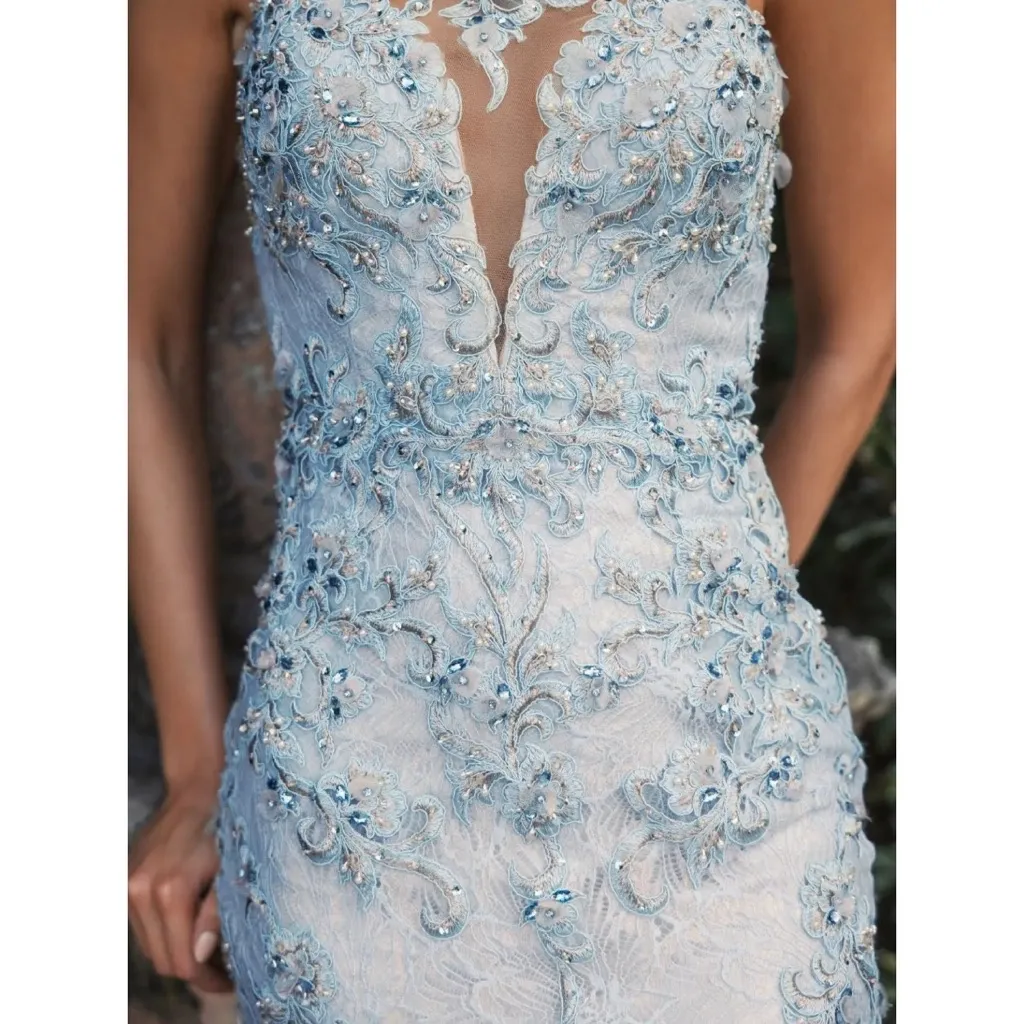 NEW Mac Duggal Embroidered Applique Feathered One Shoulder Trumpet Gown Size 16 - Image 4