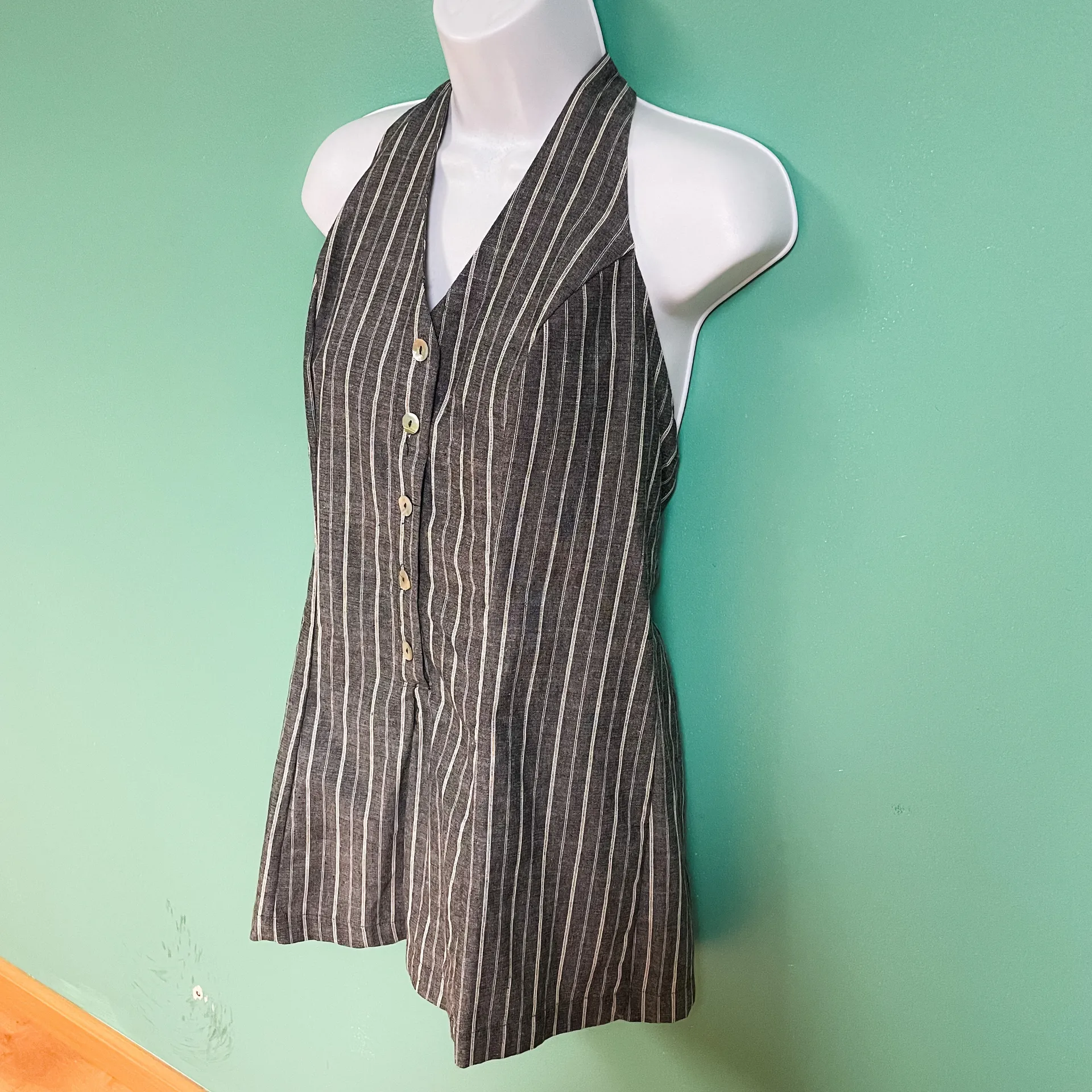 Love Tree Pinstriped Halter Open Back Romper - Image 5