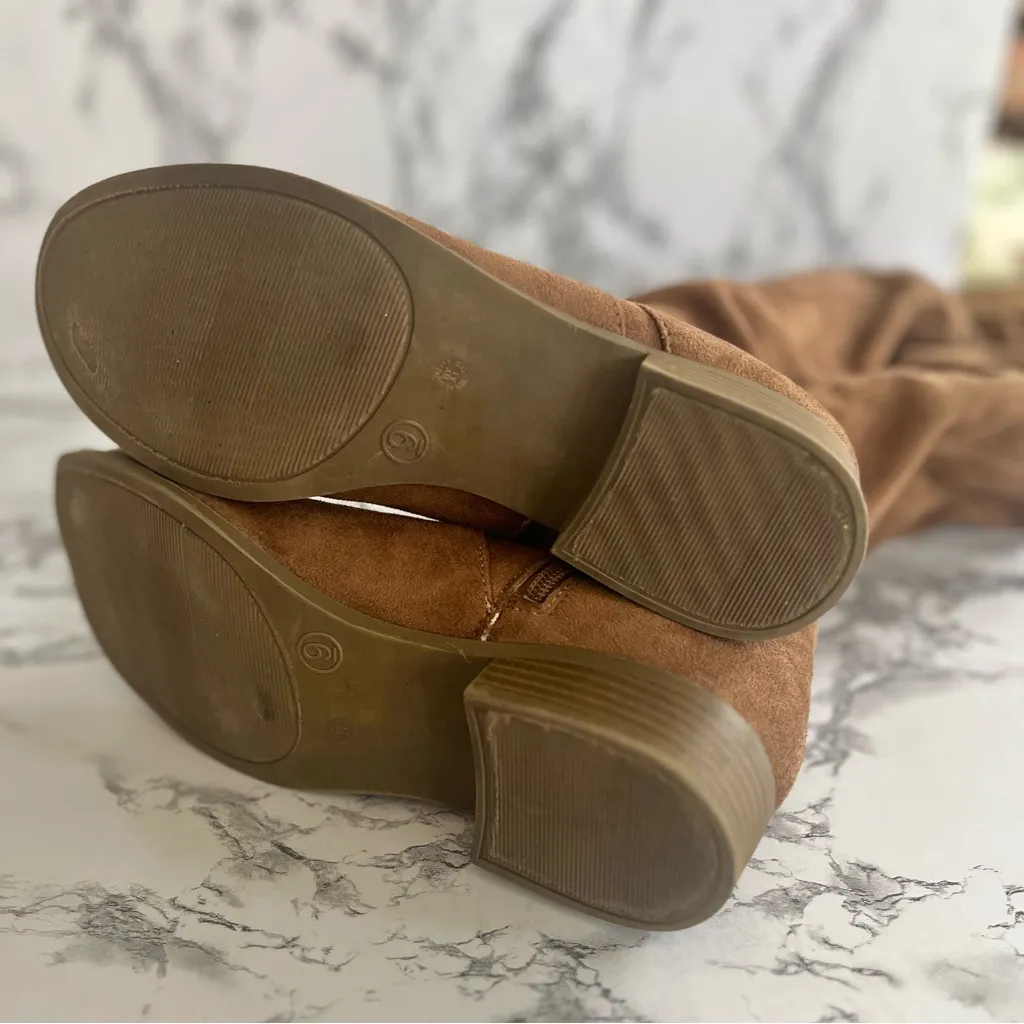 A.N.A. Pixie Boots Over the Knee Faux Suede Low Heel Tan 9 Chic Trendy Date Glam - Image 11