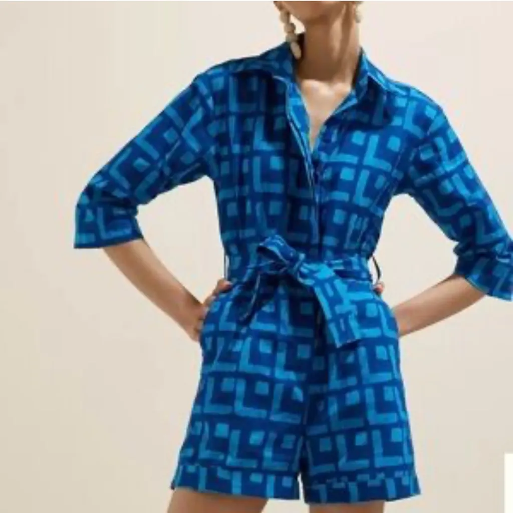 Sika Anthropologie Romper Sz 10‎ Geometric Blue Jumpsuit Belt Resort - Image 2