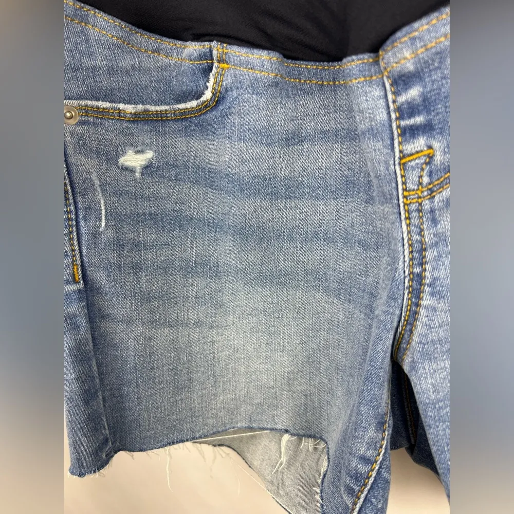 Isabel Maternity Mid Short Denim Jean Shorts Blue Raw Hem Crossover Panel Size 2 - Image 7