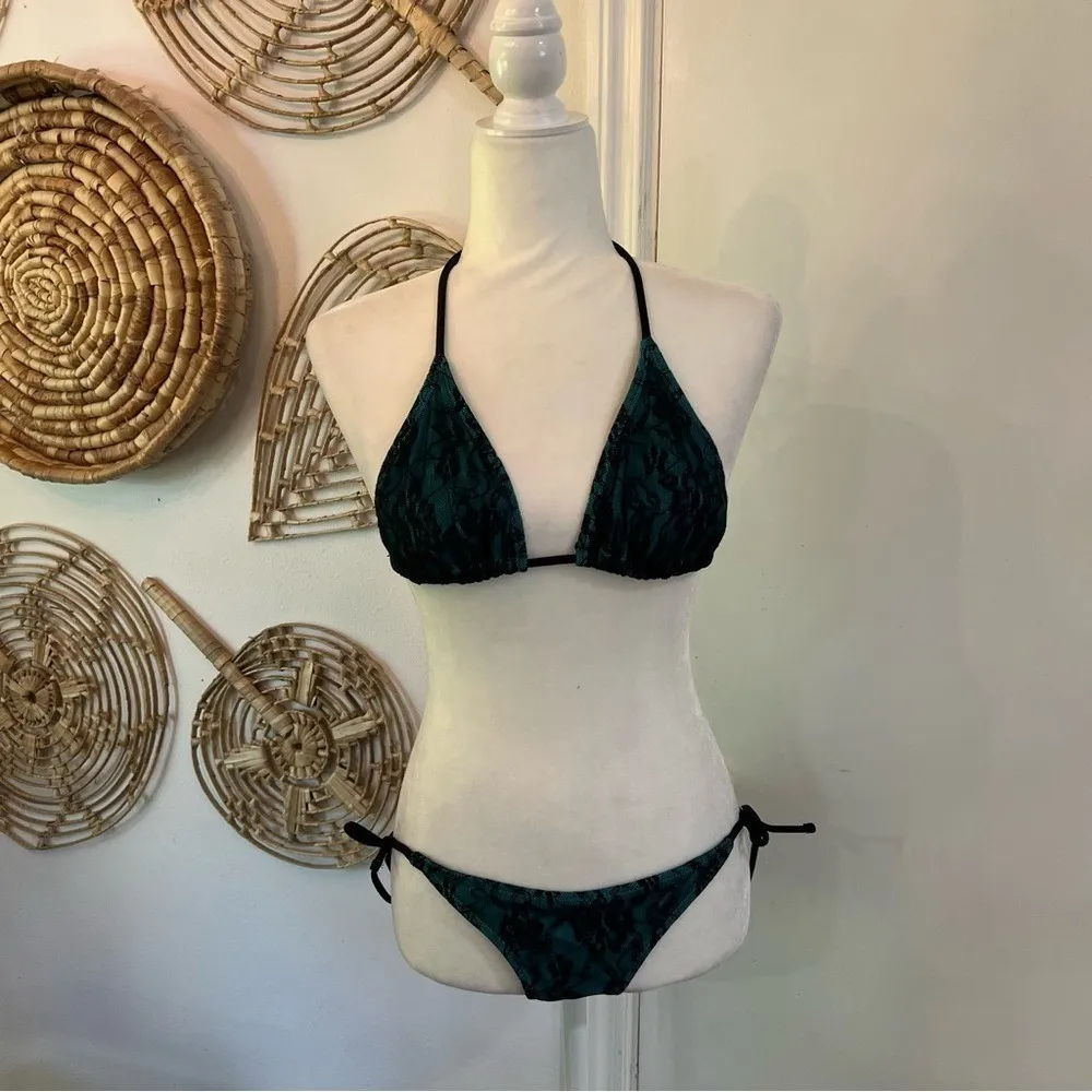 Vintage Teal Lace Overlay Triangle Bikini Swim Set Y2K Boho Festival Beach Sz M Black Size M - Image 2