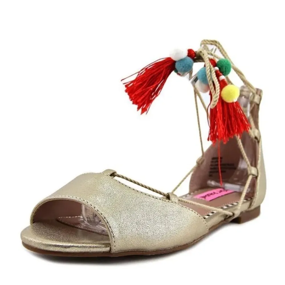 BETSEY JOHNSON 𝅺Abree Gold Lace-up Pom-Pom Sandals - Image 6