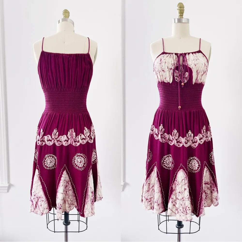 vintage • 70s batik dyed sundress smocked maroon white embroidered rayon boho - Image 11