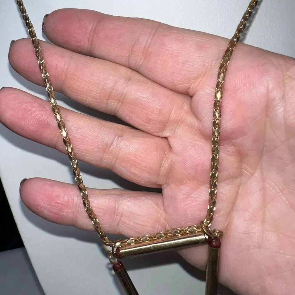 Boho Ethnic Burnished Gold Tone and Red Stone Pendant Necklace - Image 4