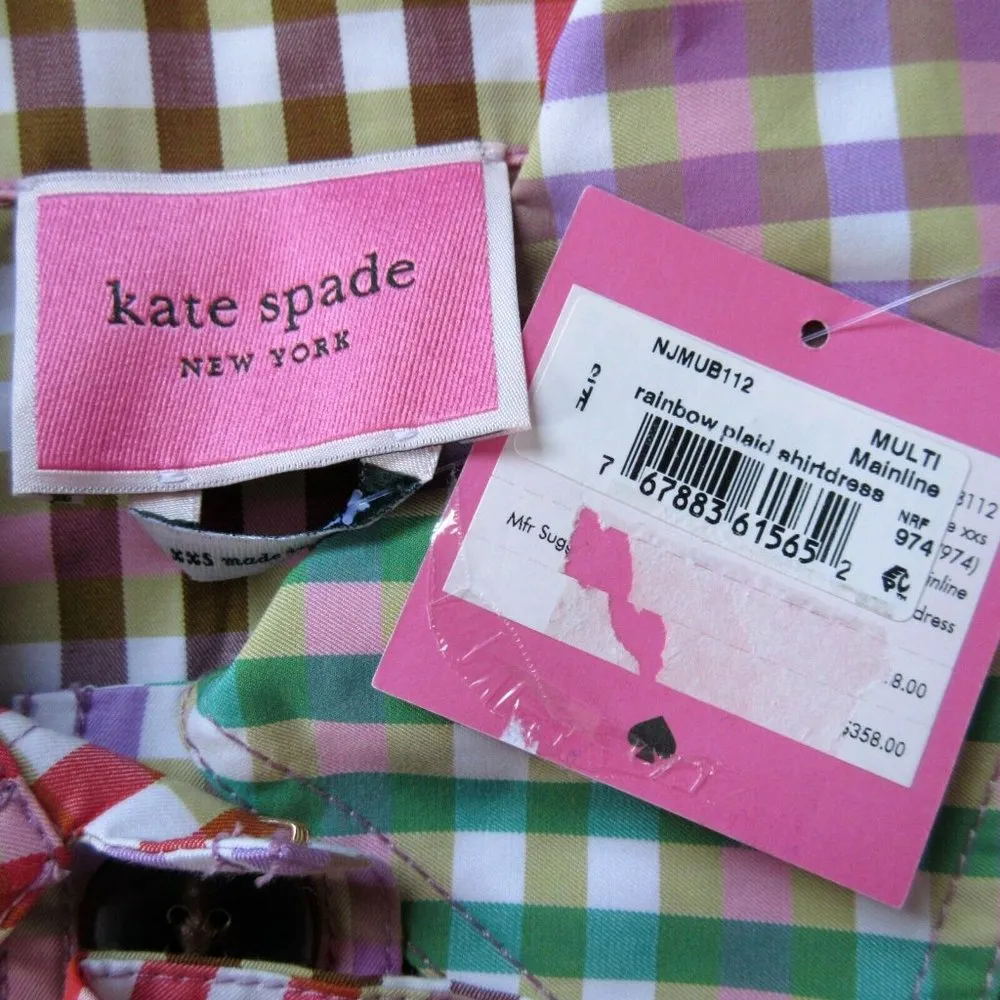 NWT Kate Spade New York Rainbow Plaid Cotton Belted Button Front Shirt Dress XXS - Image 3