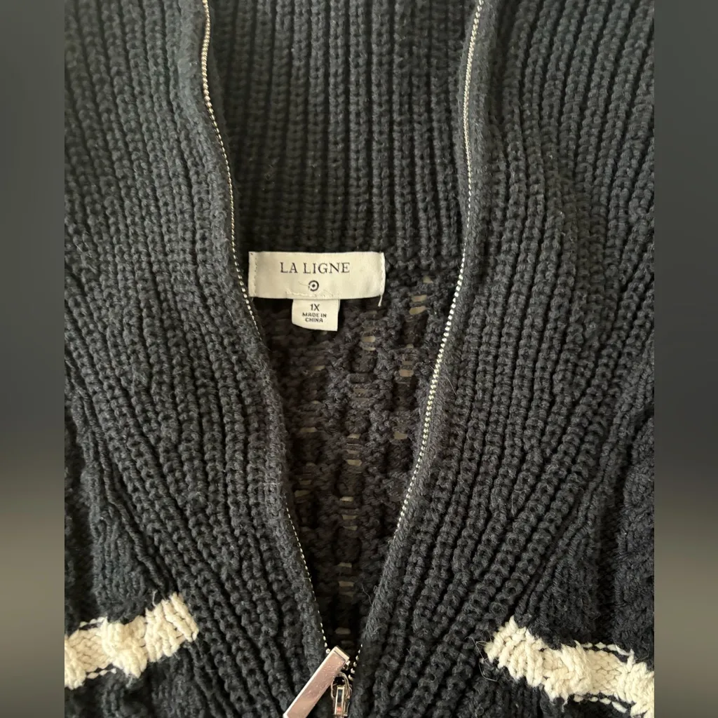 Target‎ La Linge Pull Over Striped Quarter Zip Cable Knit Sweater Women’s 1X Black - Image 9