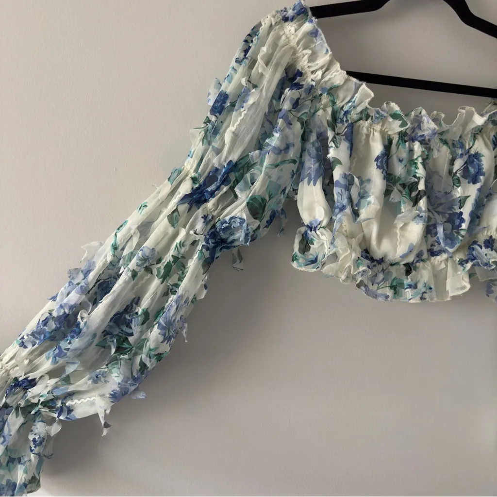 Shein Floral Off-Shoulder Ruffle Top Long Sleeve Cropped Crop Frilly Spring EUC - Image 5