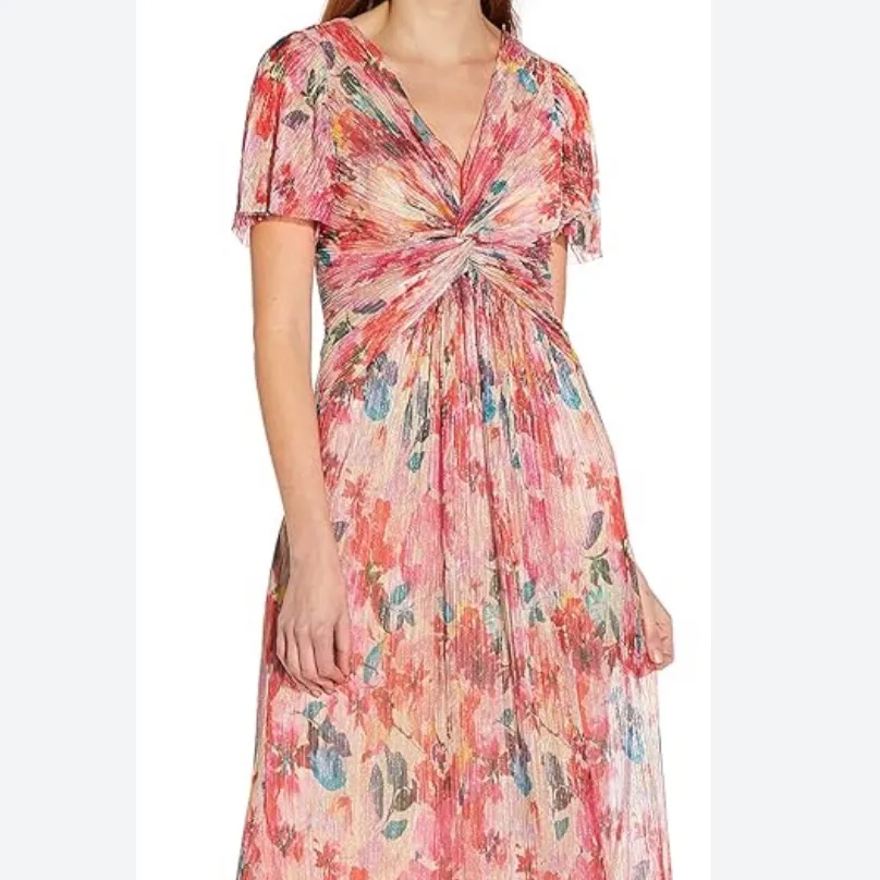 Adrianna Papell Floral Metallic Pleated Twist Front Hi Low Flutter Sleeve Gown 4 - Image 11