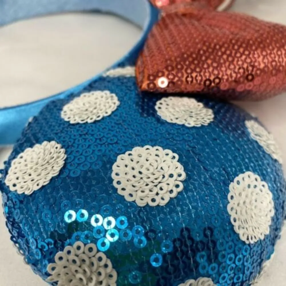Disney Parks Blue White Polka Dot Sequin Minnie Ears Headband Flower Mickey Cute - Image 3