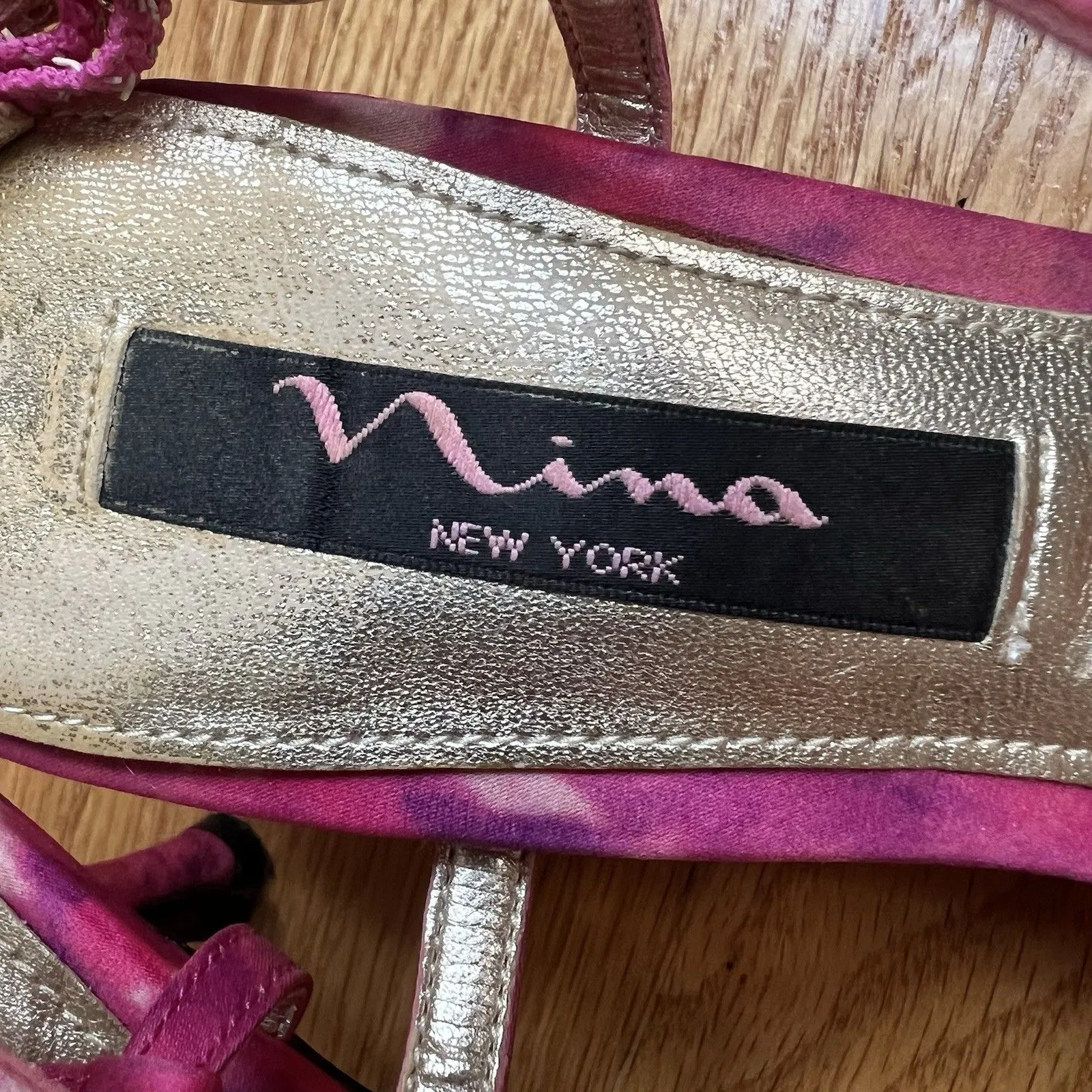 Nina Size 7 Pink Floral Fabric Kitten Heel Strappy Slingback Sandal Leather Sole - Image 3