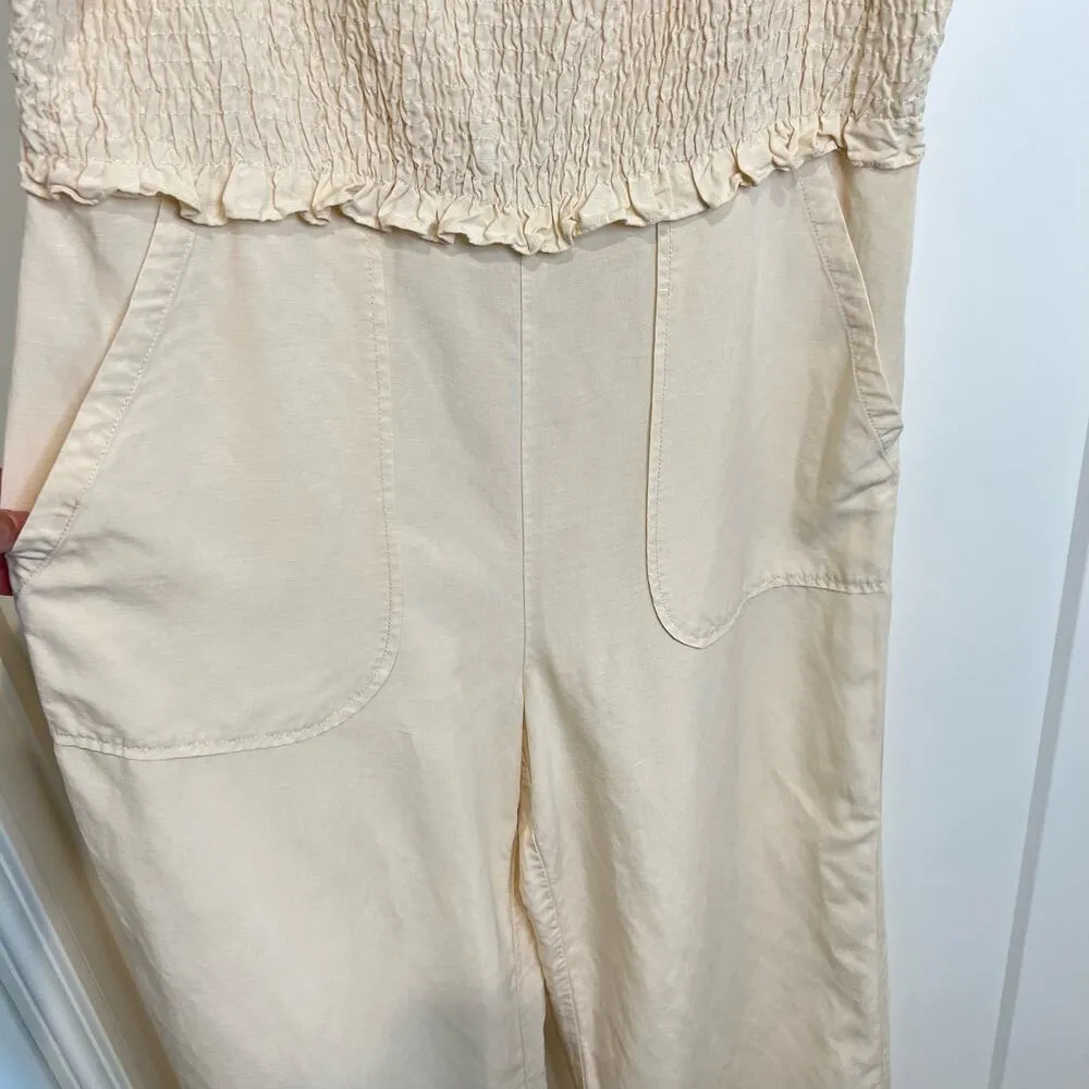 Rebecca Taylor Linen Blend Smocked Cropped  Jumpsuit Women’s Large* Cream - Image 6