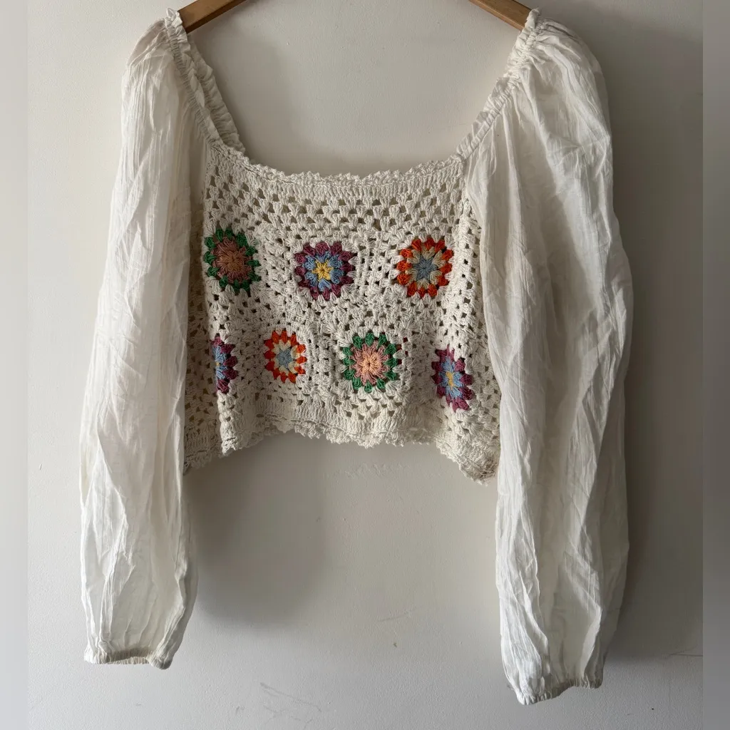 Aerie Crochet Colorful Vacay Top Long Flowy Sleeves Crop Top Blouse Boho - Image 5