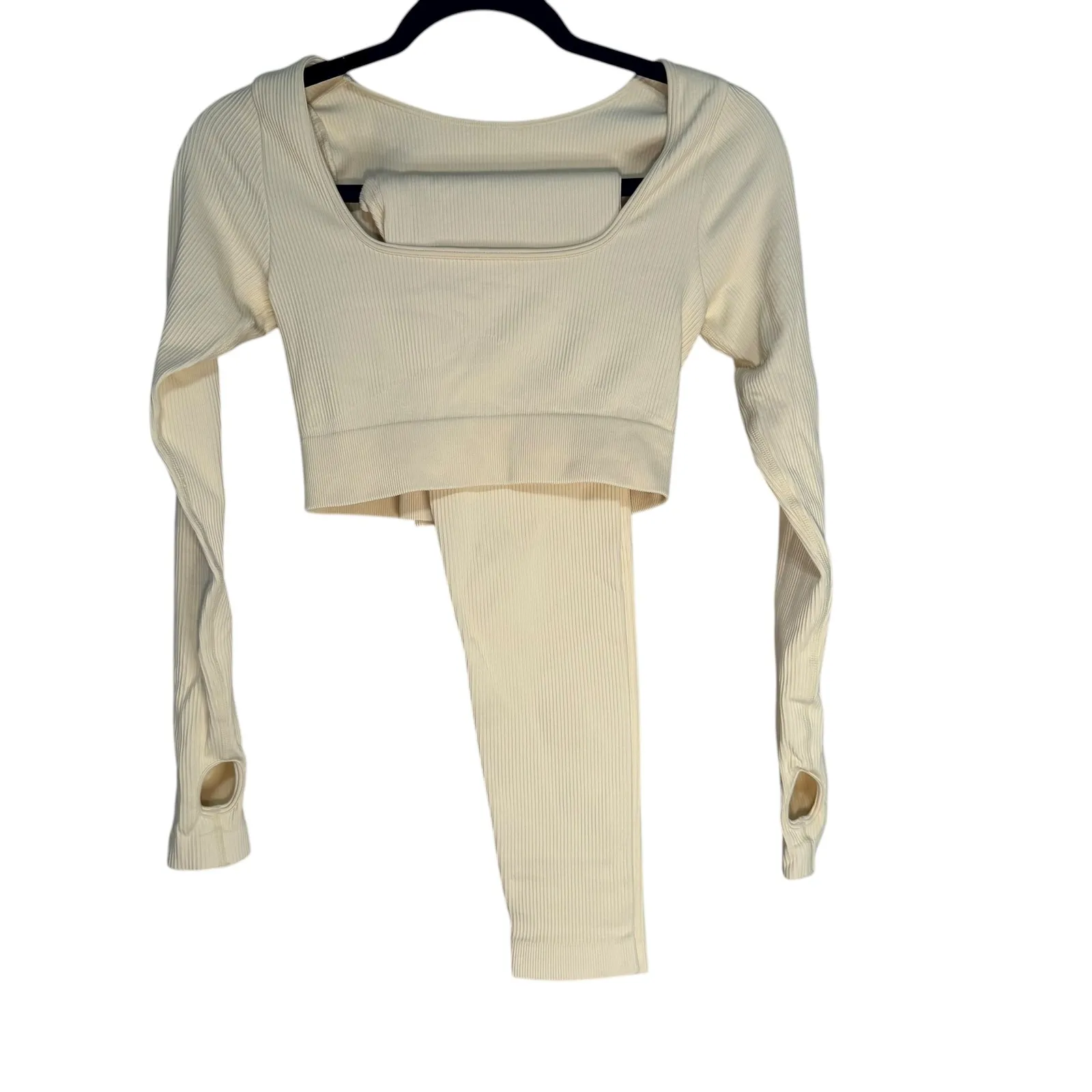 Ribbed Long Sleeve Crop Top Thumbhole Leggings Set Workout Athleisure Cream M Size M - Image 10