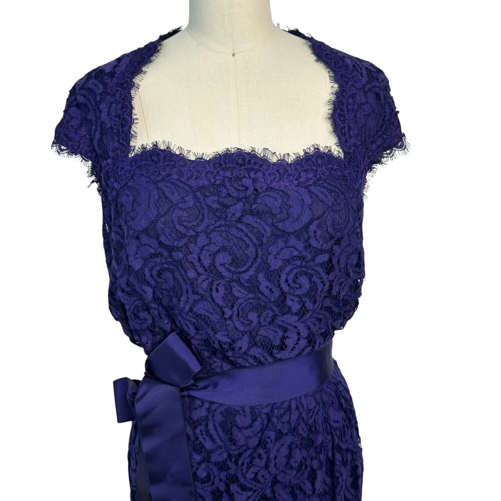 Tadashi Shoji Cap Sleeve Lined Ribbon Tie Sash Lace Long Gown Blue Womens Size 6 - Image 5