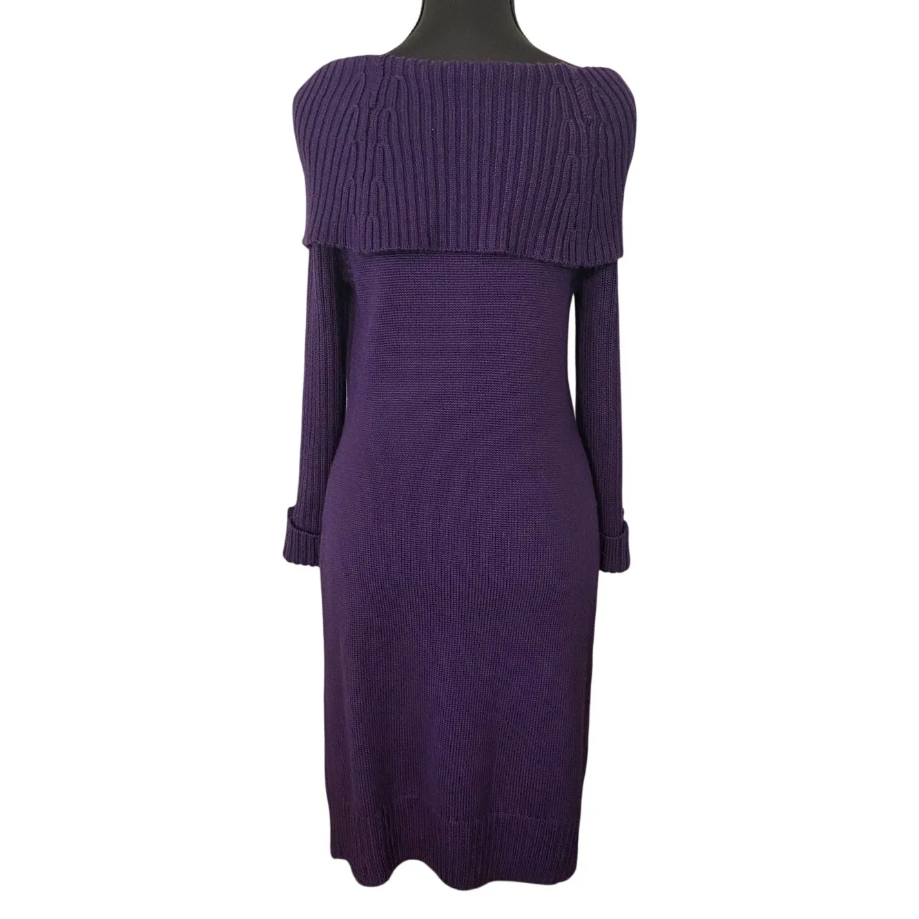 Tahari Purple Knit Sweater Dress Off Shoulder Cowl Neck Wool Blend M Luxury - Image 2