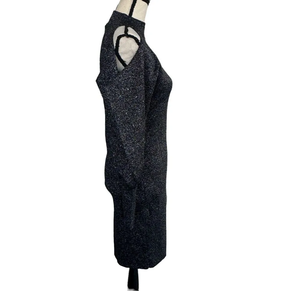 INC Medium Sweater Dress Glitter Cold-Shoulder Balloon Sleeves Stretch Mock Neck - Image 4