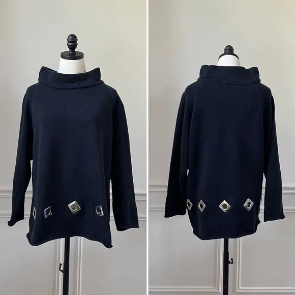 Vintage 80s  Tricot Black Cotton Wide Funnel Neck Sweater Silver Grommets - Image 2