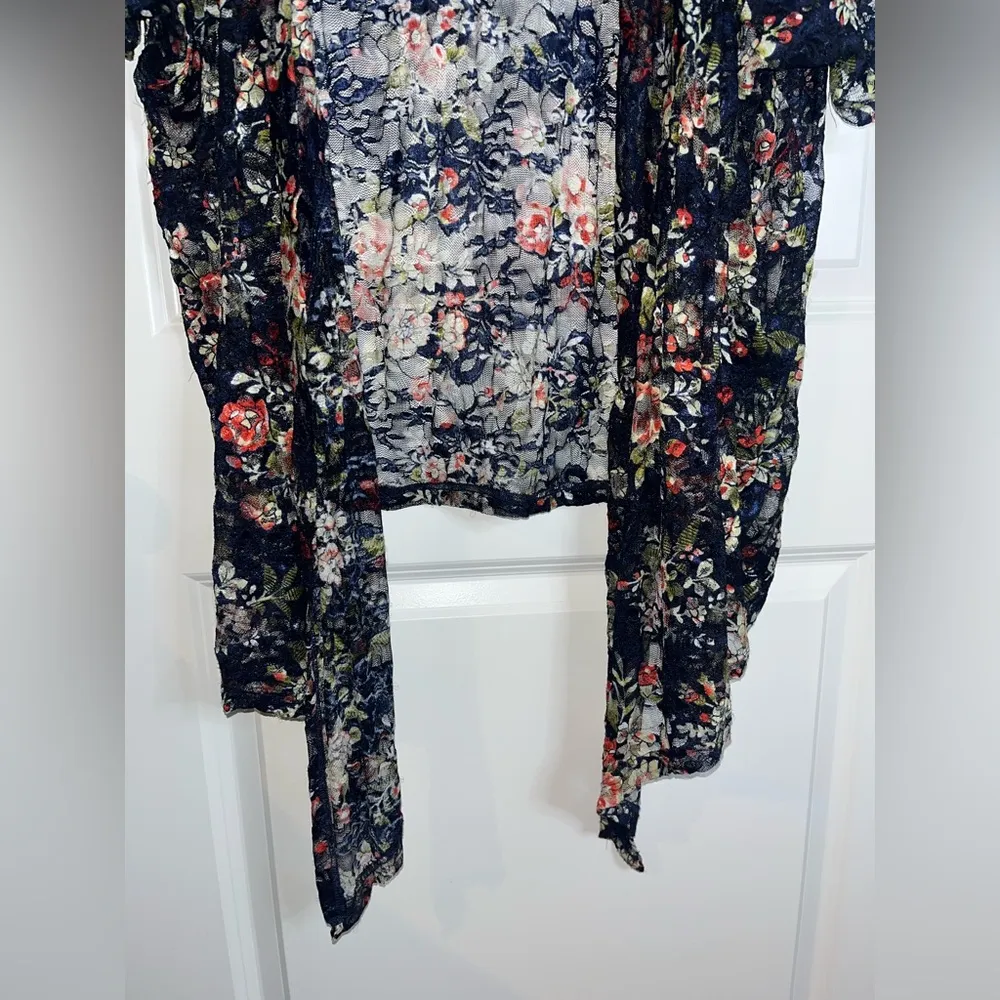 Pinky Navy Blue Lace Floral Print Stretchy Flare WaterfallCardigan Size One Size - Image 5