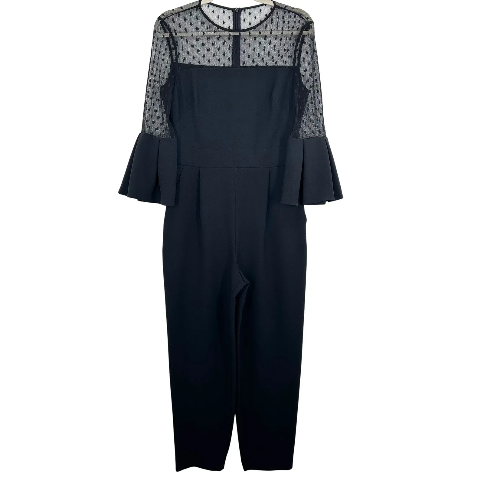 Eliza J Black Jumpsuit‎ Sheer Polka Dot Sleeve Bell Cuff Career Party Cocktail - Image 2