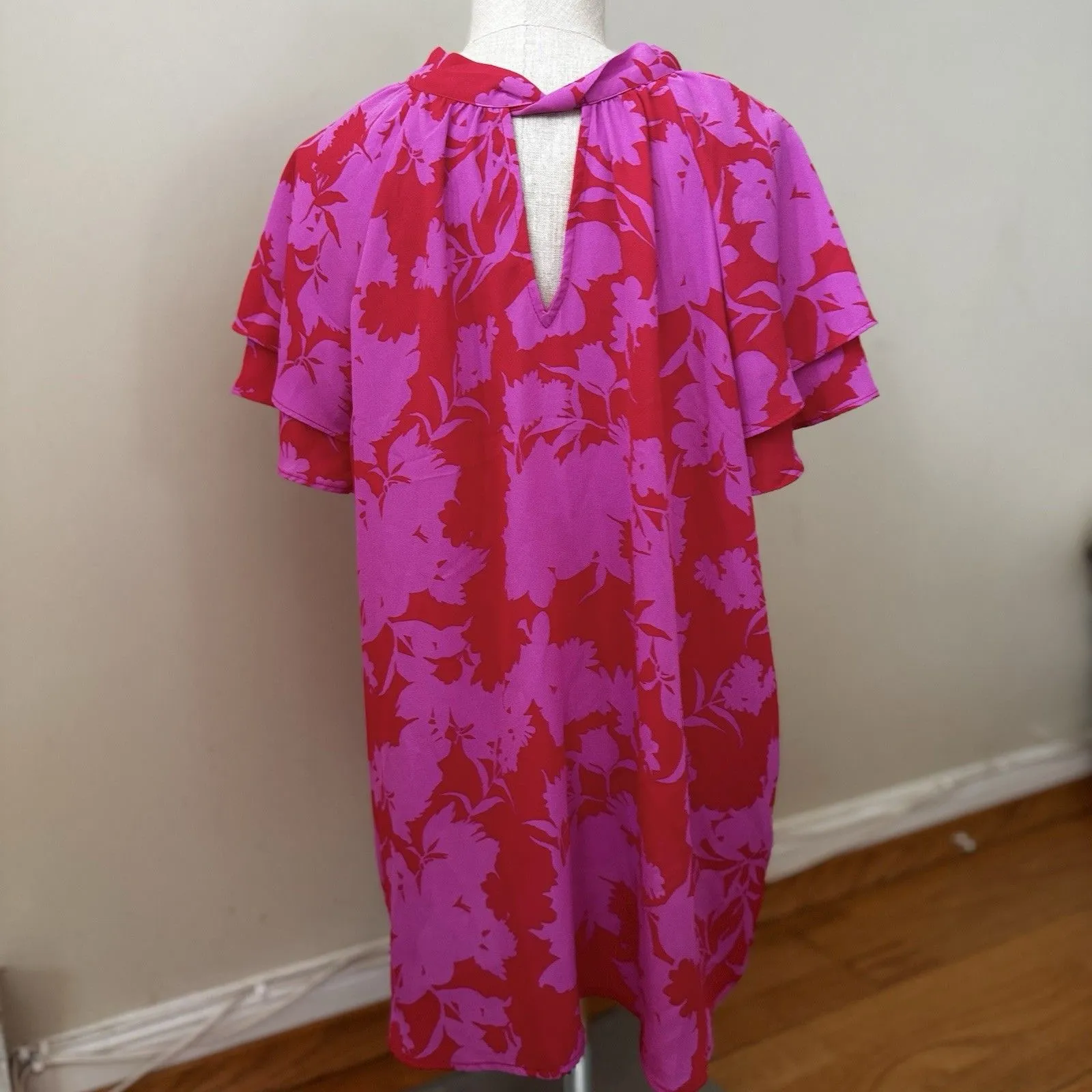 Pleione Women's Floral Blouse Tie Back Flutter Pink XL EUC Retro Spring Resort - Image 2