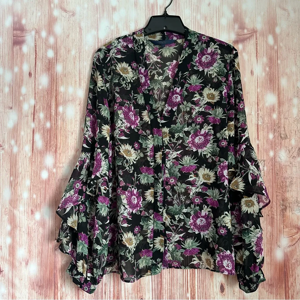 RACHEL Rachel Roy Black Button Front Purple Floral Print Sheer Blouse Size L - Image 2