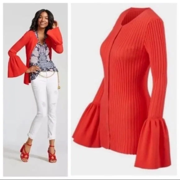 CAbi Cardigan Sweater Burnt Orange Bell Long Sleeve Ribbed Snap Front Size small - Image 2