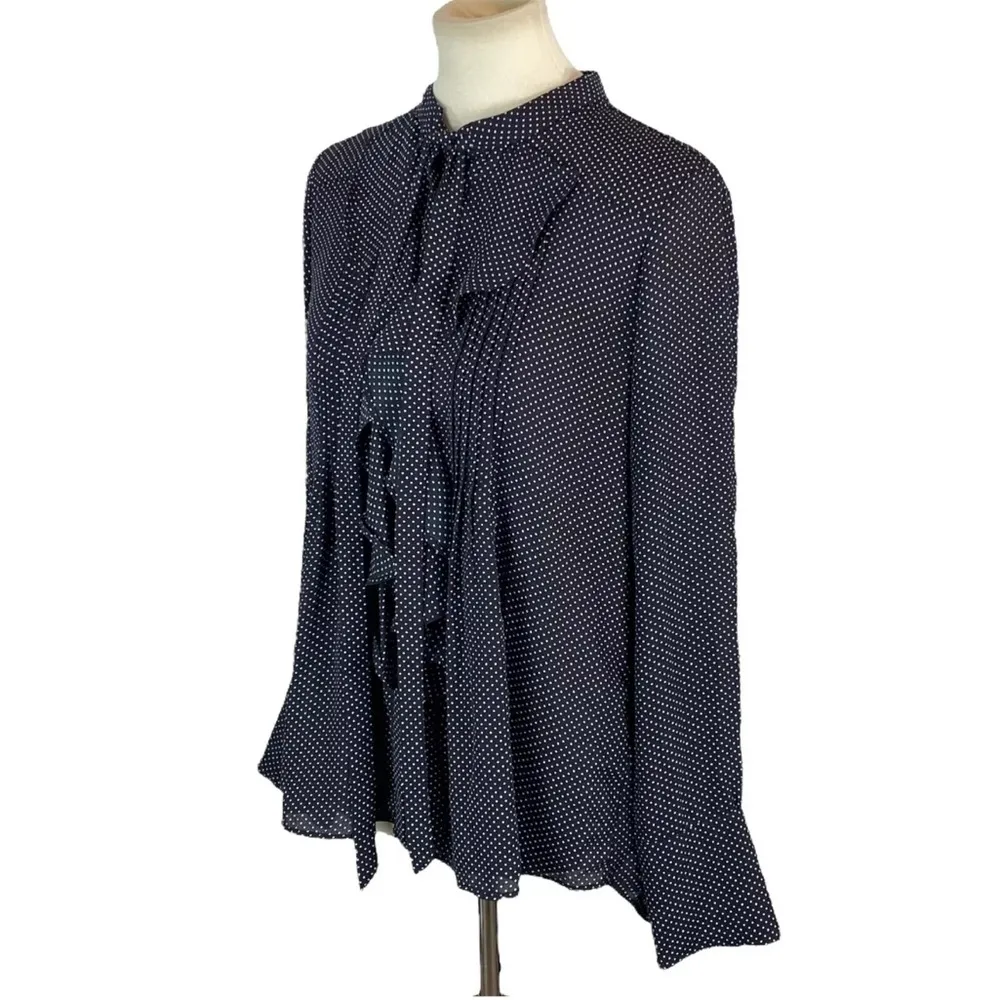 Black Ruffled Tie Front Blouse with Mandarin Collar Large - Image 2