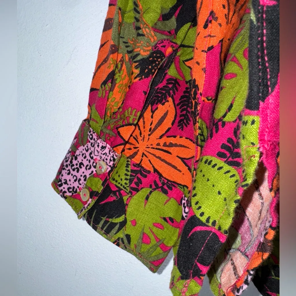 c c california 1X Collar Button Down Linen Colorful Palm Leaf‎ Jungle Print - Image 4