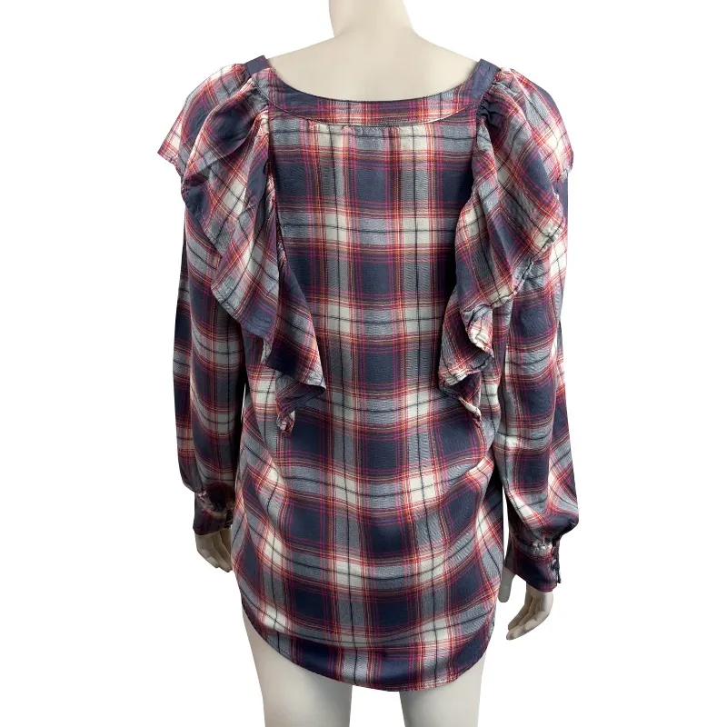 Mossimo Plaid Ruffle Top Button Front Blouse‎ Gray Size L - Image 3