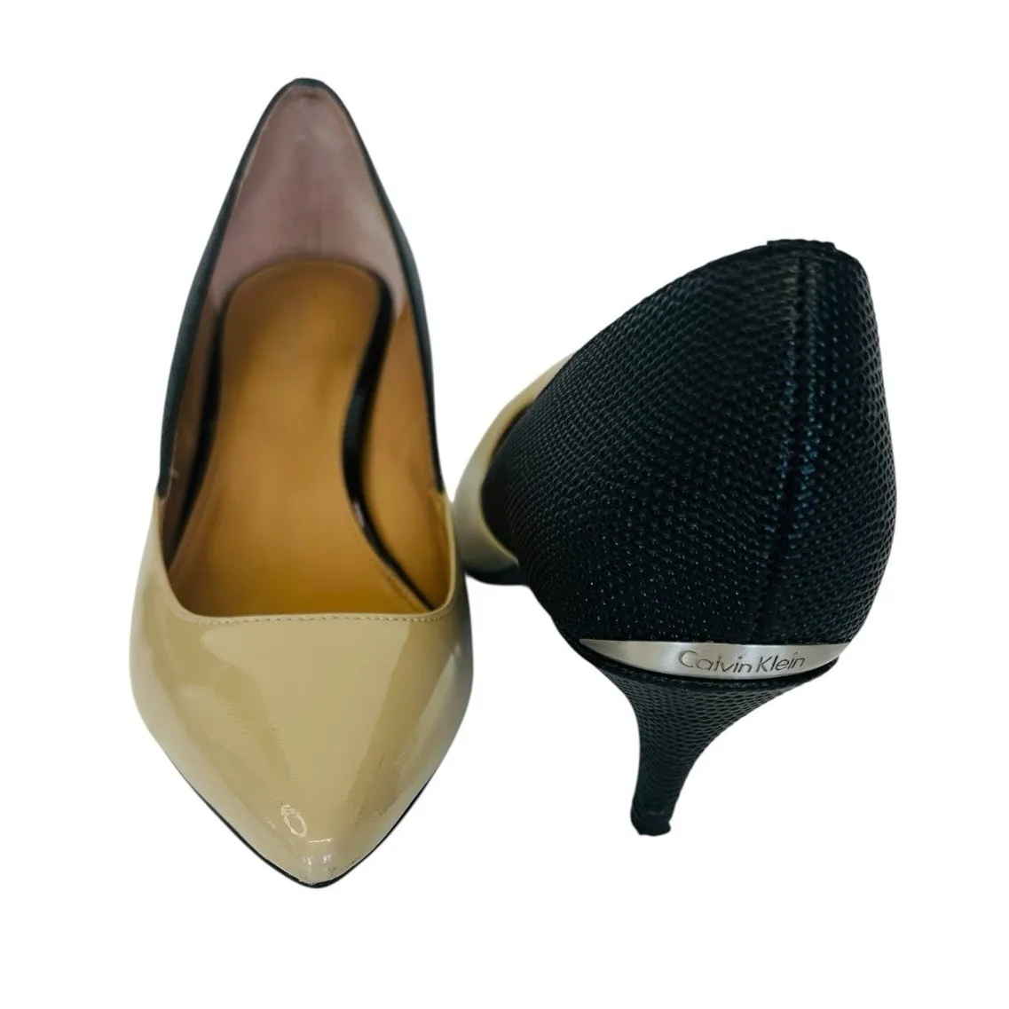 Calvin Klein 2 Tone Cream Tan Khaki/Black Heel Woman's Size 7 Texture‎ New Read - Image 2