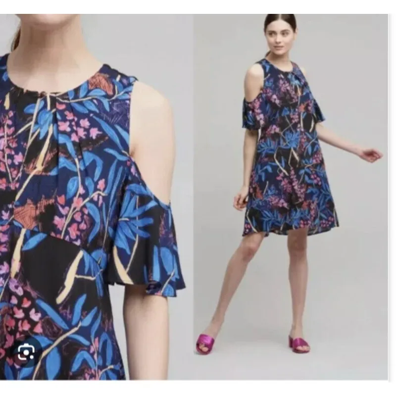 Anthropologie Maeve Womens Elia Dress Open Shoulder Floral Print Blue Pink 6 - Image 2
