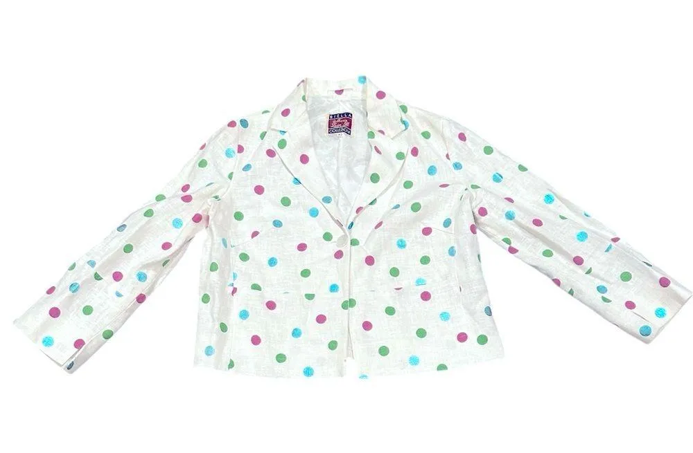 BIELLA COLLEZIONI LINEN MARIA LUISA B CROP POLKA DOT WHITE PINK BLUE BLAZER 42 Size 6 - Image 4