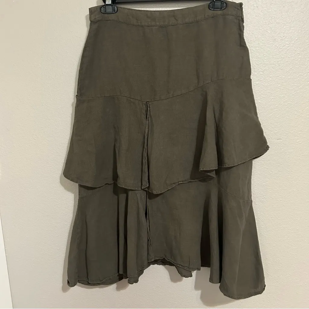 Zara green linen blend ruffle tiered midi skirt women’s size small - Image 3