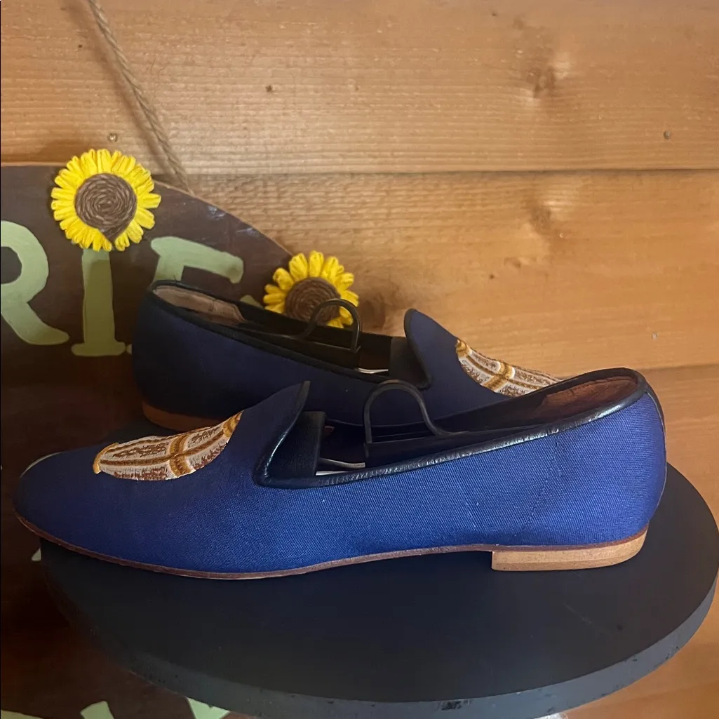 Zalo Spain Leather Linen Crest Embroidered Slipper Flat Loafer Shoe 9 Blue Brown - Image 2