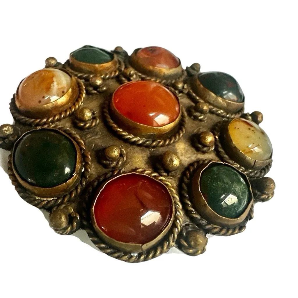 Vintage Tribal Round Cabochon Brooch/Pendant – Carnelian & Agate, Ethnic Design - Image 2