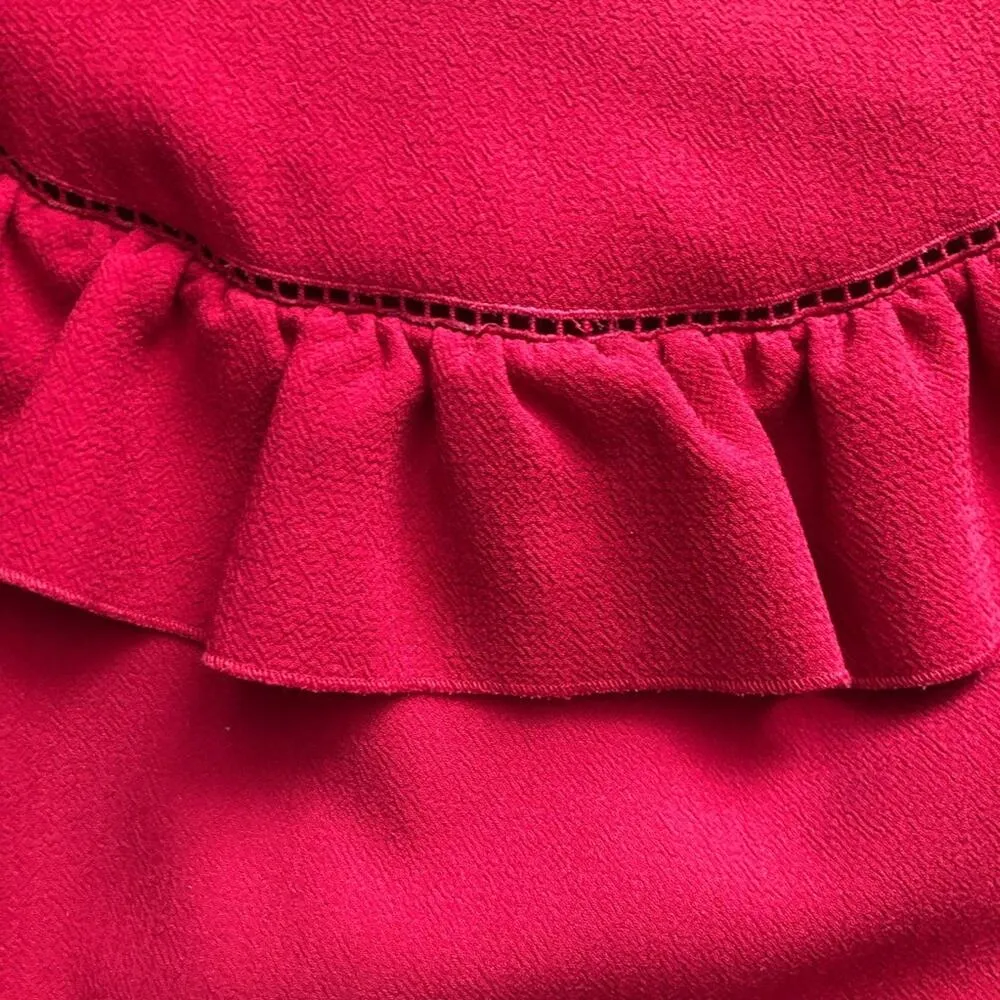 Trina Turk Cherry Red Rose Shift Ruffles Neckline Sleeveless Women’s Size 8 - Image 7