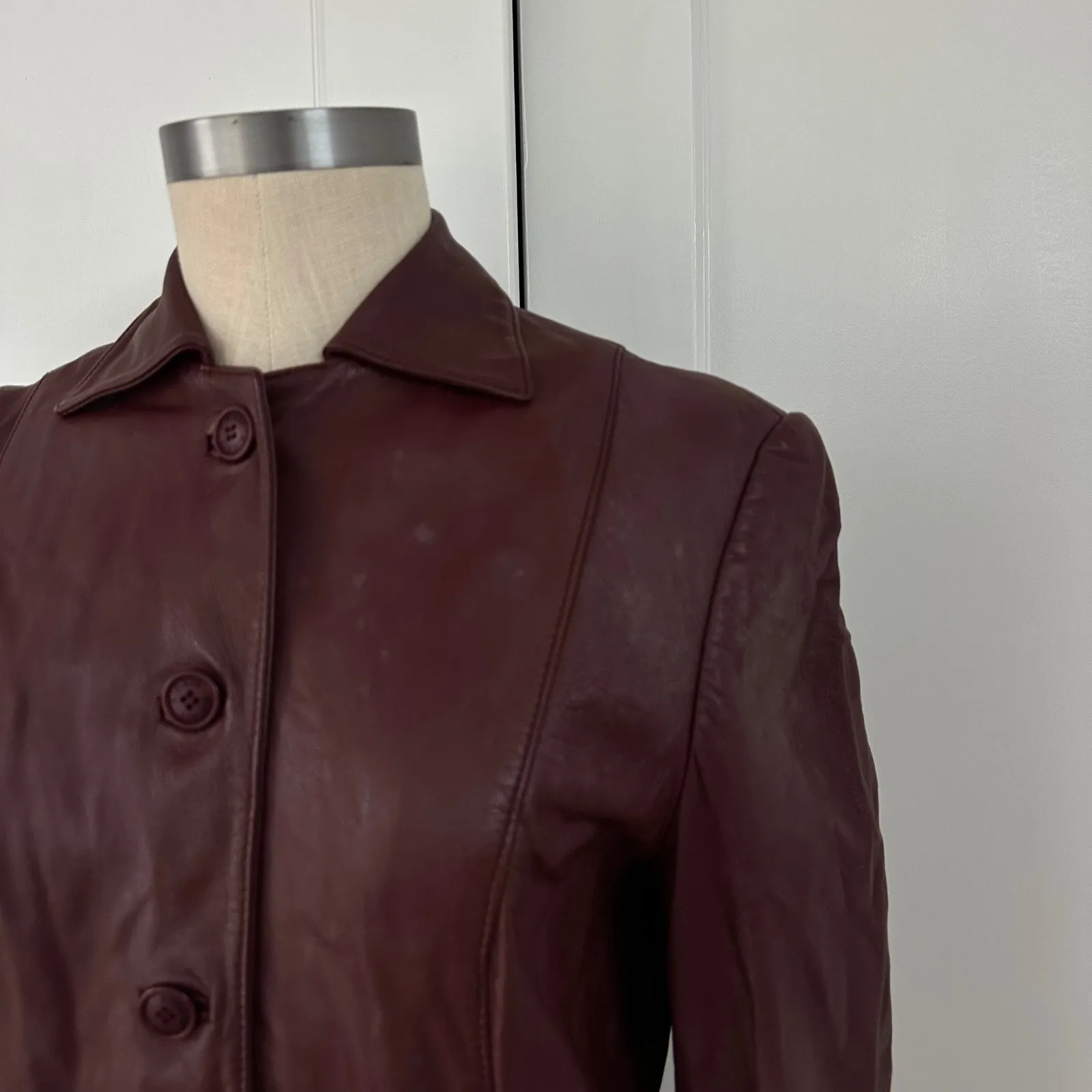 Kinaff Burgundy Leather Blazer Jacket XS Front Button Pockets Tailored Brown - Image 8