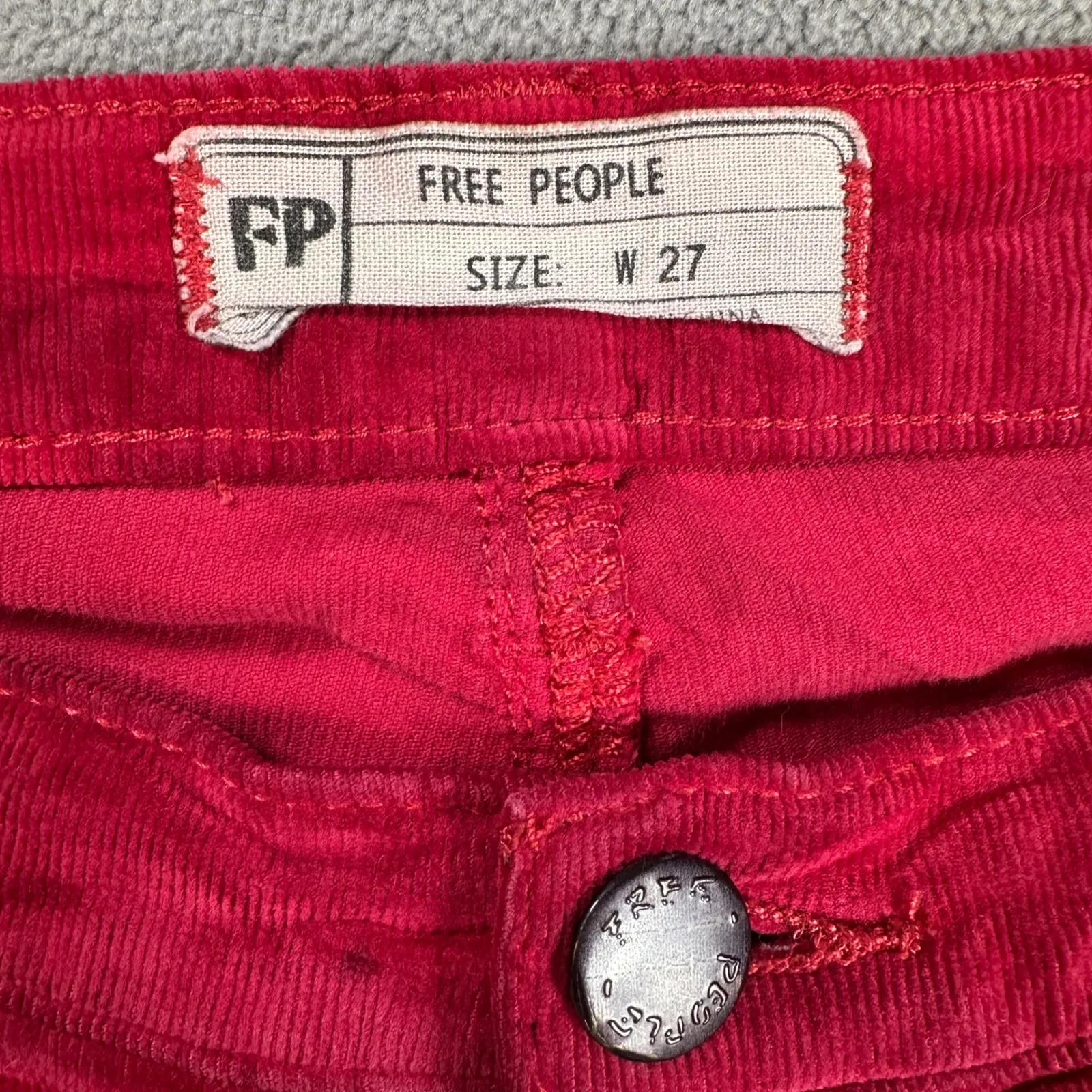 Free People Jeans 27 Red Corduroy Button Fly Skinny Frayed Hem Mid Rise - Image 5