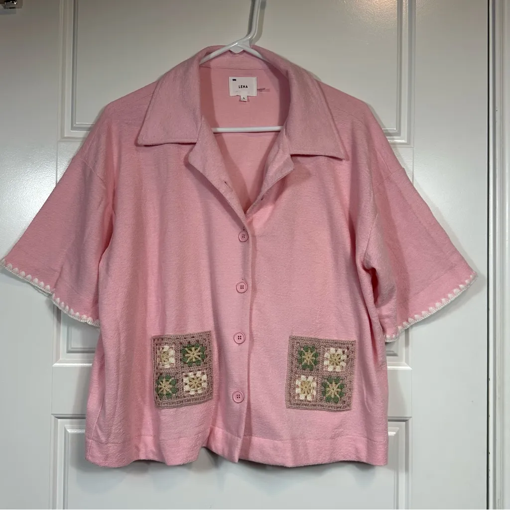 Lena Two Piece Grannycore Pink Terry Lounge Set Crochet Details Size Large NWOT - Image 3