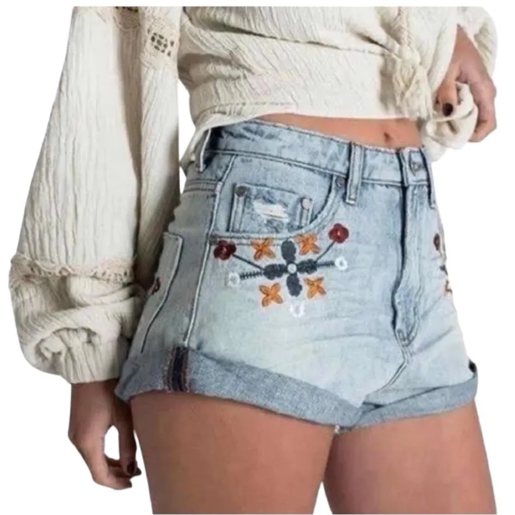 NWT One Teaspoon Bandits Floral Embroidered High Waist Light Denim Jean Short 27 - Image 10