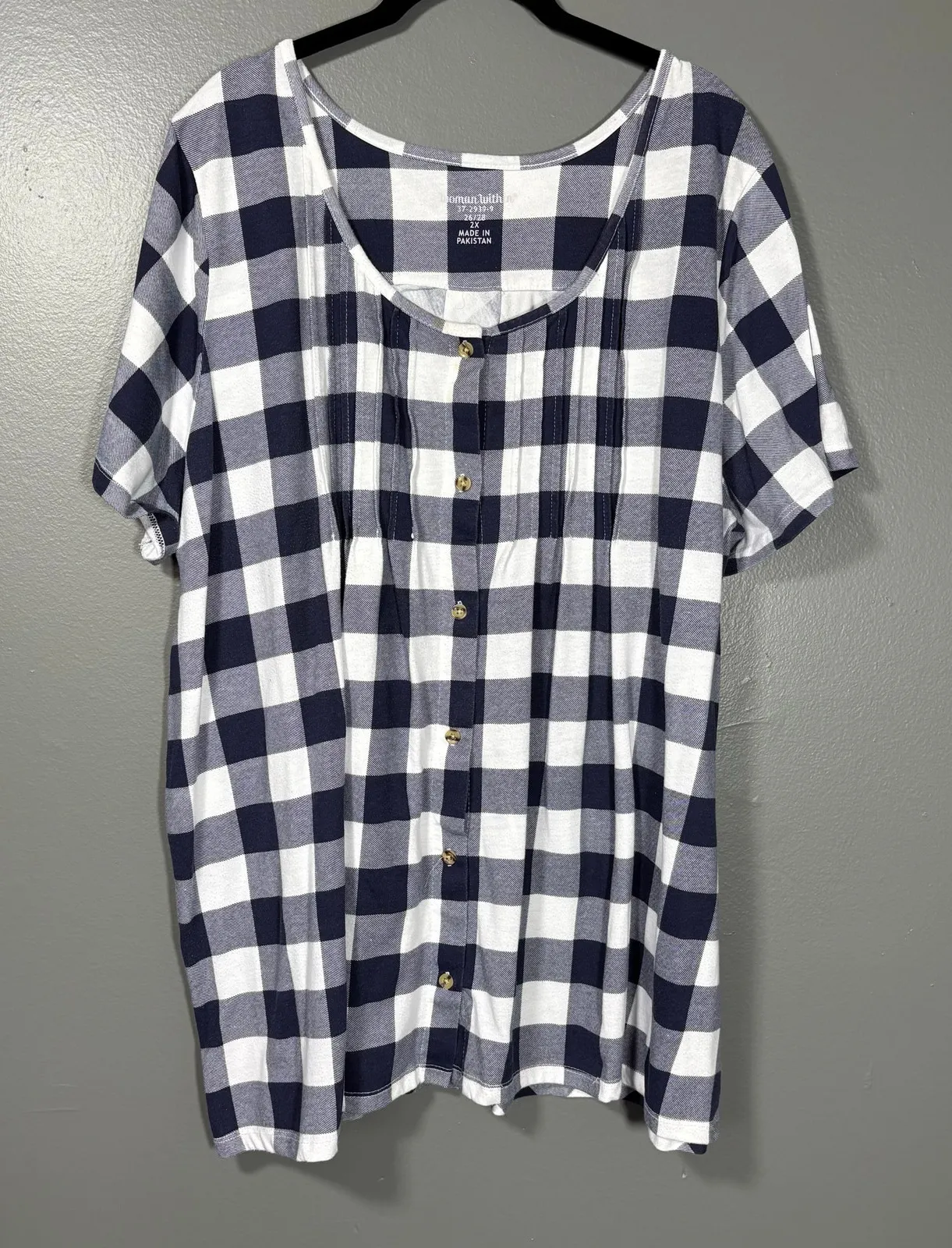 Woman Within Blue & White Gingham Check Cottagecore Top - Plus Size 2X (26/28) - Image 1