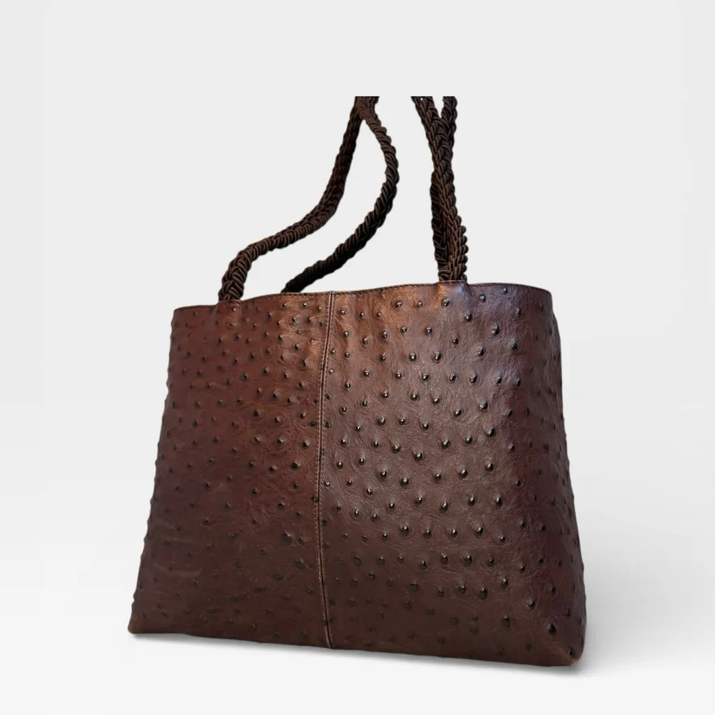 Falor Le Borse Genuine Leather Ostrich Brown Bag Braided Strap Made in Italy - Image 2