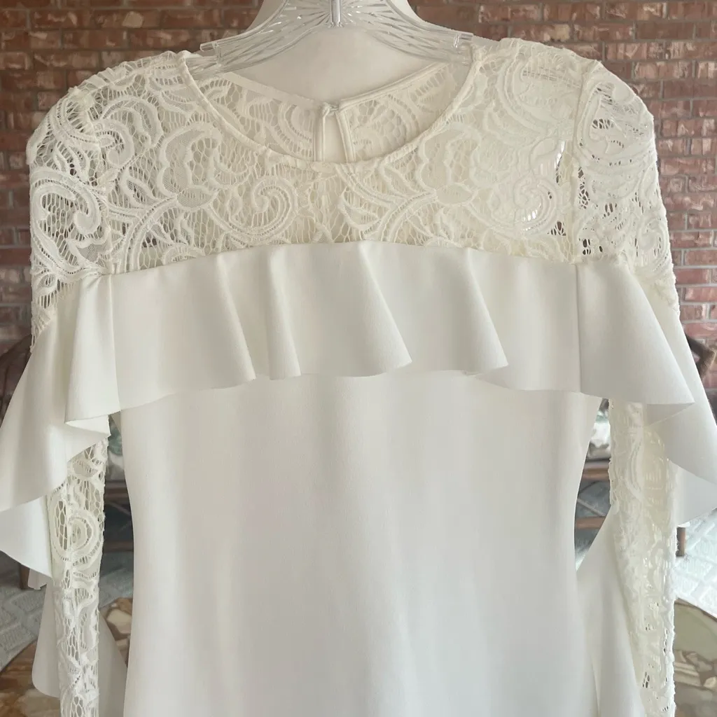 Betsy & Adam Dress Ivory Lace Embroidered Long Tulip Sleeve Knit Cocktail 4 - Image 5