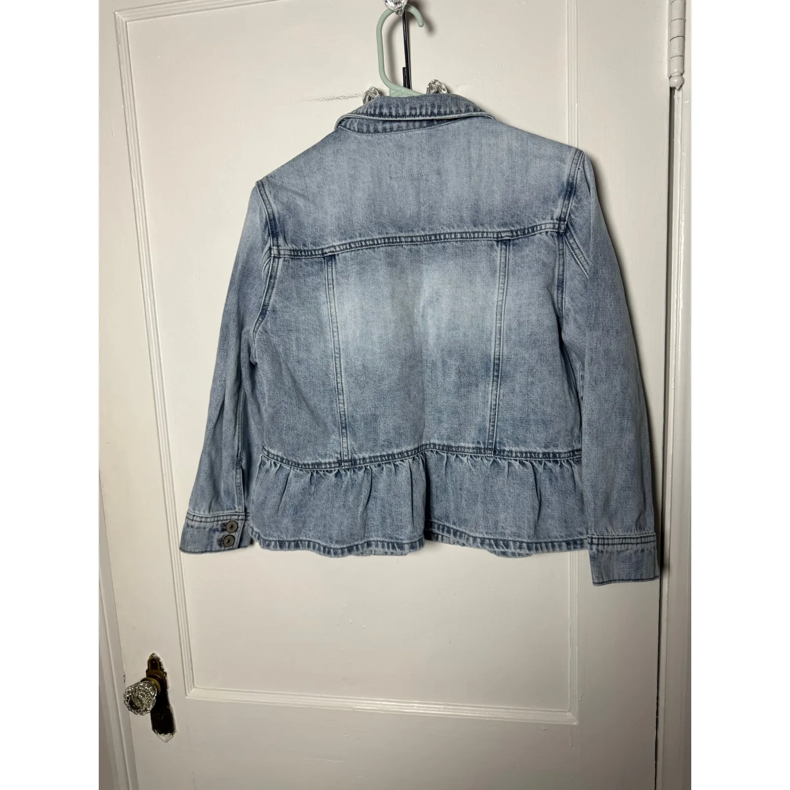 Kancan Light Wash Peplum Denim Jean Jacket Women's Size Large Blue - Image 8