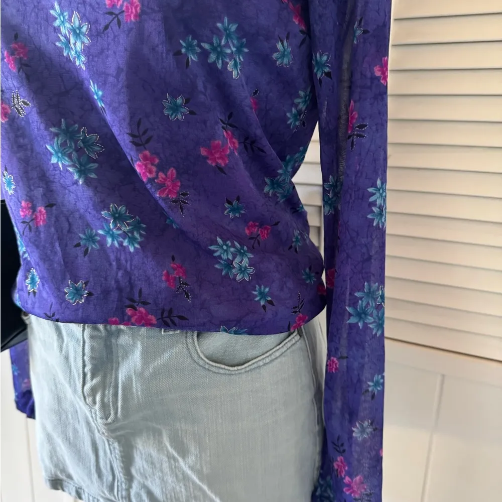Sarah Kent Y2K Purple Flower Patterned Collared Blouse Top Blue Size M - Image 3