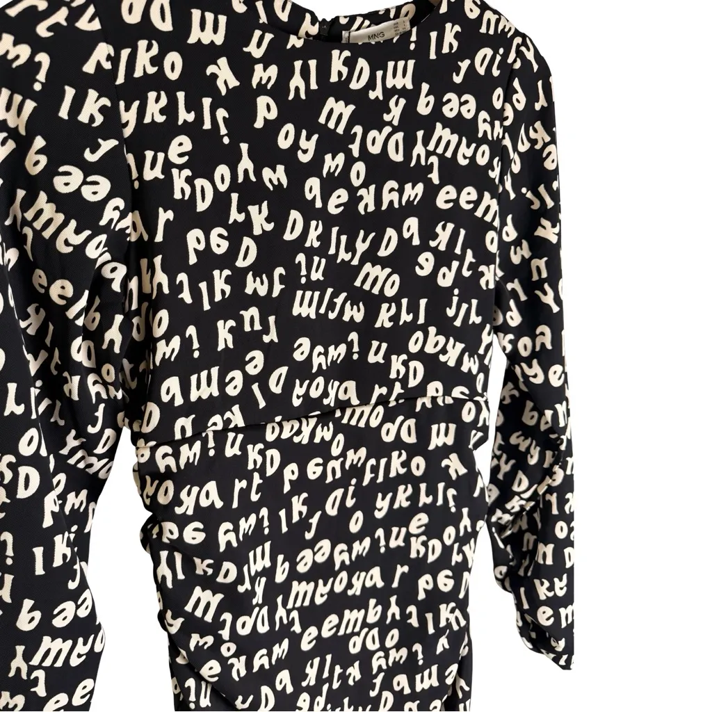 Mango Ruched Long Sleeve Letter Print Abstract Midi Dress Black White US 4 NWT - Image 7