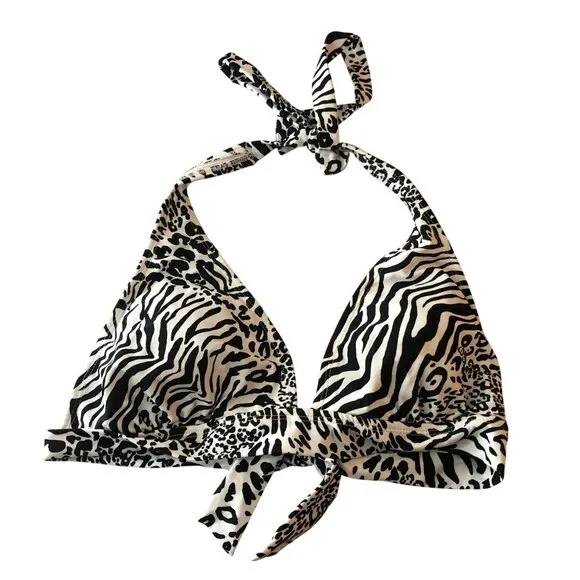 Catalina Bikini Top Halter Triangle Removable Cups Animal Print Black White L - Image 1