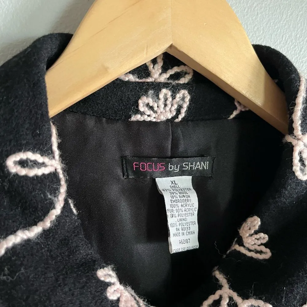 Vintage Y2K Focus by Shani Black Embroidered Jacket XL Floral Wool Blend Coat - Image 3